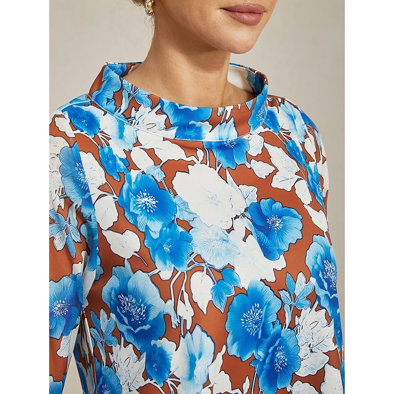 Women's Blouse Twisted Roman Chiffon Splice Blue Floral Print Bateau Neck Three Quarter Sleeve Short3
