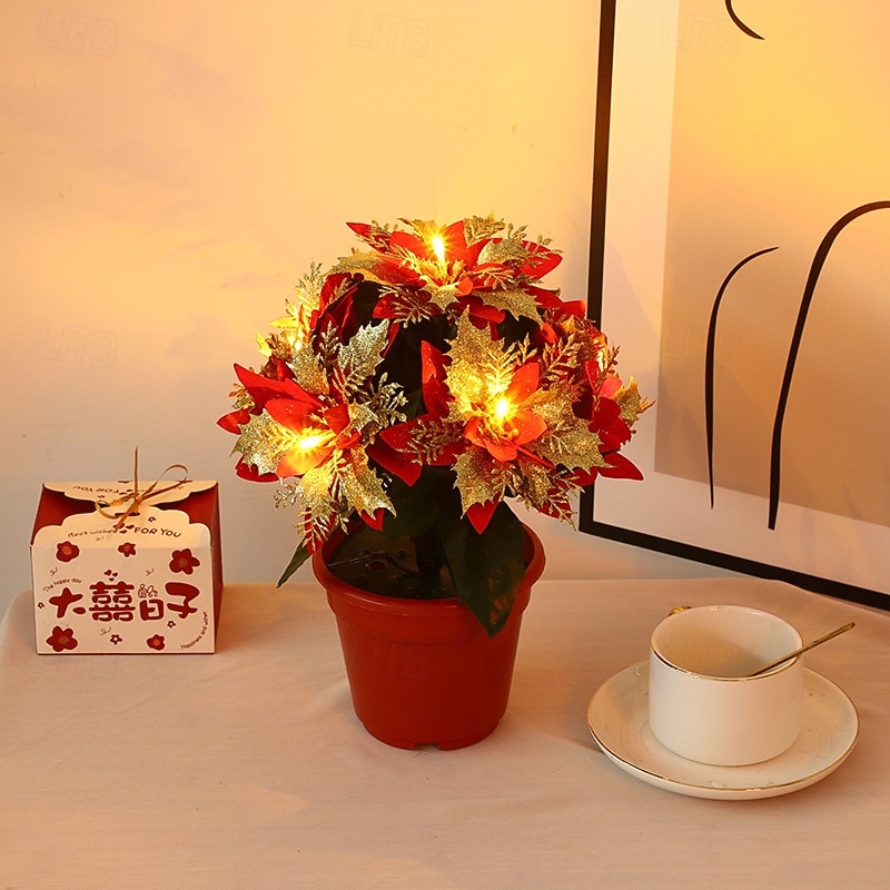 Poinsettia Flowers LED, Artificial Poinsettias Plants, Fake Poinsettias Arrangements Indoor Outdoor Christmas Poinsettia Flowers Decoration Xmas Gift2