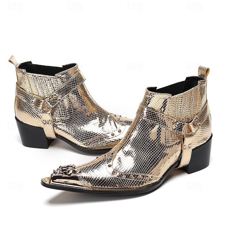 Men's Premium Cowhide Gold Croc Embossed Leather Chelsea Boots, Fashion Motorcycle Dress Boots for Biker Style, Concerts, Nightlife and Special Events2