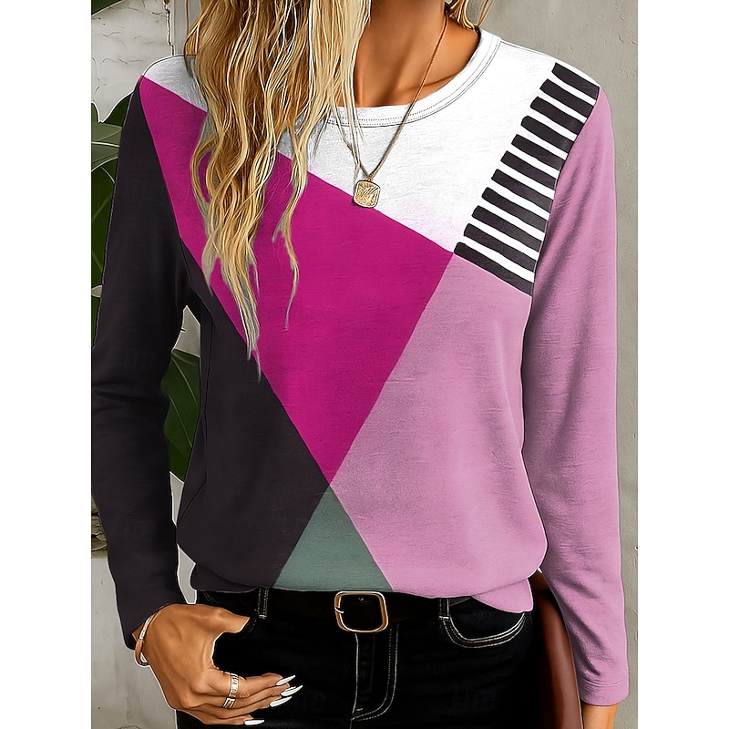 Women's T Shirt Graphic Geometry Vintage Stylish Casual Long Sleeve Crew Neck Regular Tops Daily Print Yellow Blue Purple Green Spring Fall Winter3