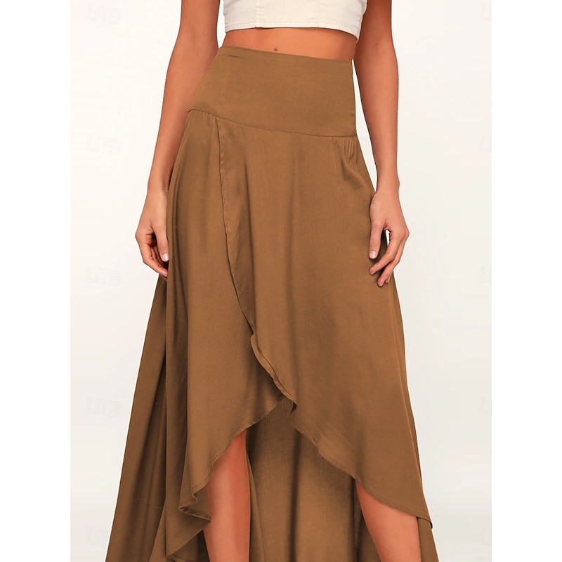 Women's Skirt A Line Fashion Casual Maxi High Waist Skirts Plain Ruffle Micro-elastic Street Daily Wine Black Pink Brown Spring Polyester4