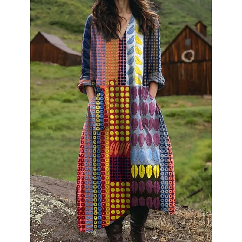 Women's Maxi Dress Sundress A Line Dress Vacation Casual Boho Birthday Daily Holiday Loose Fit Floral Graphic Geometric Long Sleeve V Neck Black Blue Orange Spring Fall2