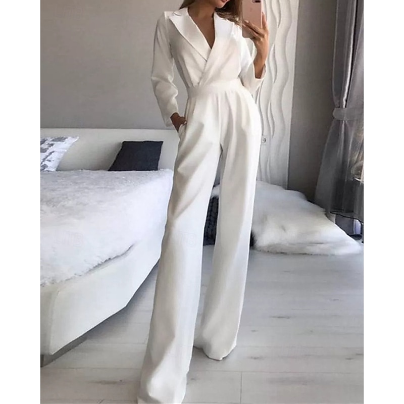 Women's Normal Jumpsuit Streetwear Solid Color Long Sleeve V Neck Pocket Street Daily Regular Fit Black White Wine Summer4