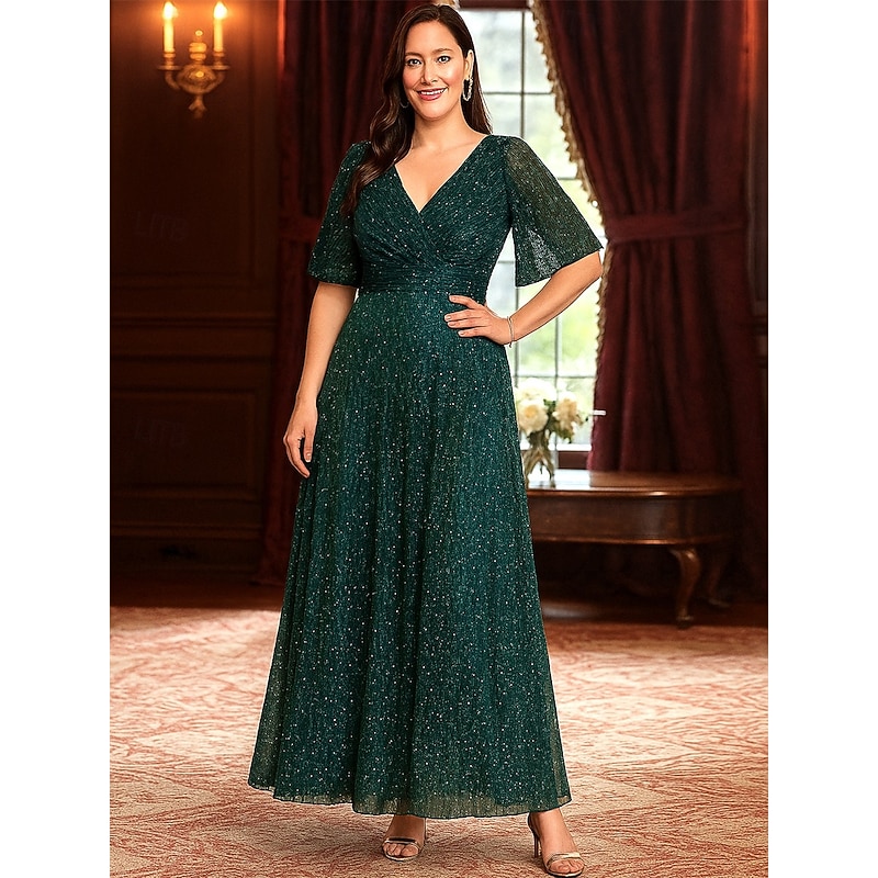 A-Line Mother of the Bride Dress Plus Size Sparkle & Shine V Neck Ankle Length Polyester Half Sleeve with Solid Color
