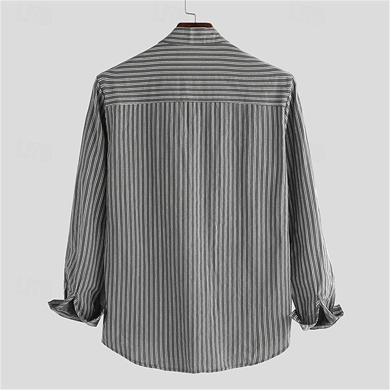Men's Cotton Linen Shirt Chinese Collar Shirt Mandarin Collar Shirt Summer Shirt Beach Shirt Striped Shirts Striped Vacation Street Black White Gray Long Sleeve Stand Collar Spring &  Fall Clothing2