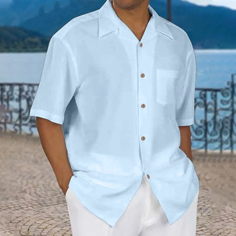 Men's Shirt Summer Shirt Casual Shirt Beach Shirt Button Up Shirt Black White Pink Blue Green Short Sleeve Plain Turndown Vacation Street Front Pocket Clothing Apparel Cotton Cotton Blend Fashion