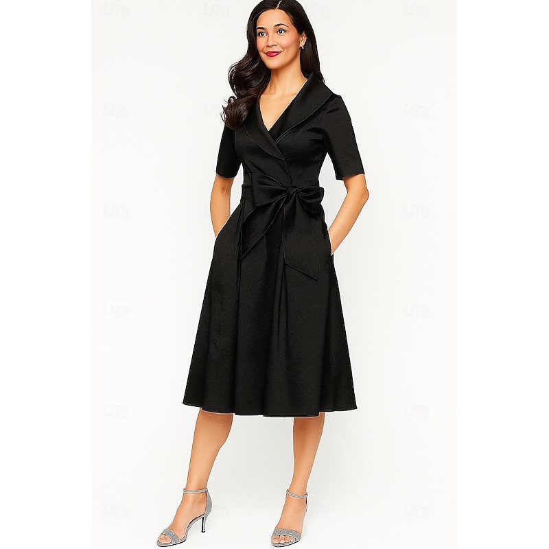 Tuxedo Dress A-Line Formal Wedding Wedding Guest Satin Elegant Vintage Short Sleeve Tea Length Shawl Lapel4