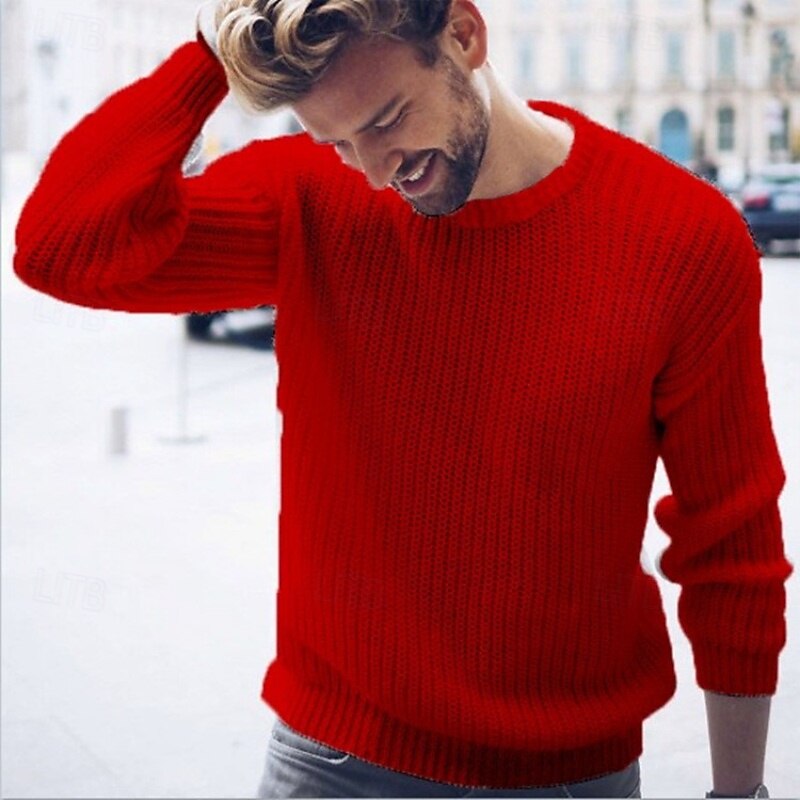 Men's Sweater Pullover Sweater Jumper Ribbed Knit Regular Tops Knitted Slim Fit Plain Crew Neck Knitwear Contemporary Casual Daily Wear Clothing Apparel Fall Winter White Red S M L3