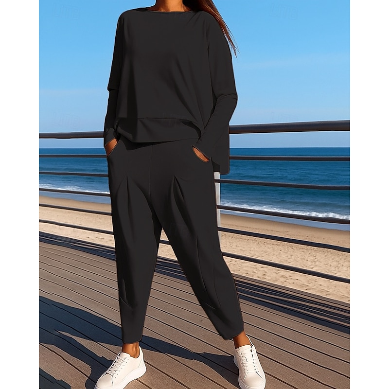 Women's Sweatpants 2 Piece Tracksuit Sportswear Pocket Solid Colored Clothing Suit Fall Black White Outdoor Travel Sports Baggy Long Sleeve Sport Activewear Micro-elastic Regular Fit4