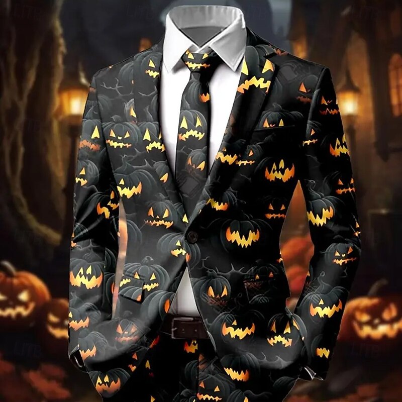 Men's Pumpkin Bat Blazer Jacket Coat Comfortable Breathable Artistic Casual Party Daily Festival 3D Print Buttons Multi Pocket Fall & Winter Notch Long Sleeve Black Orange
