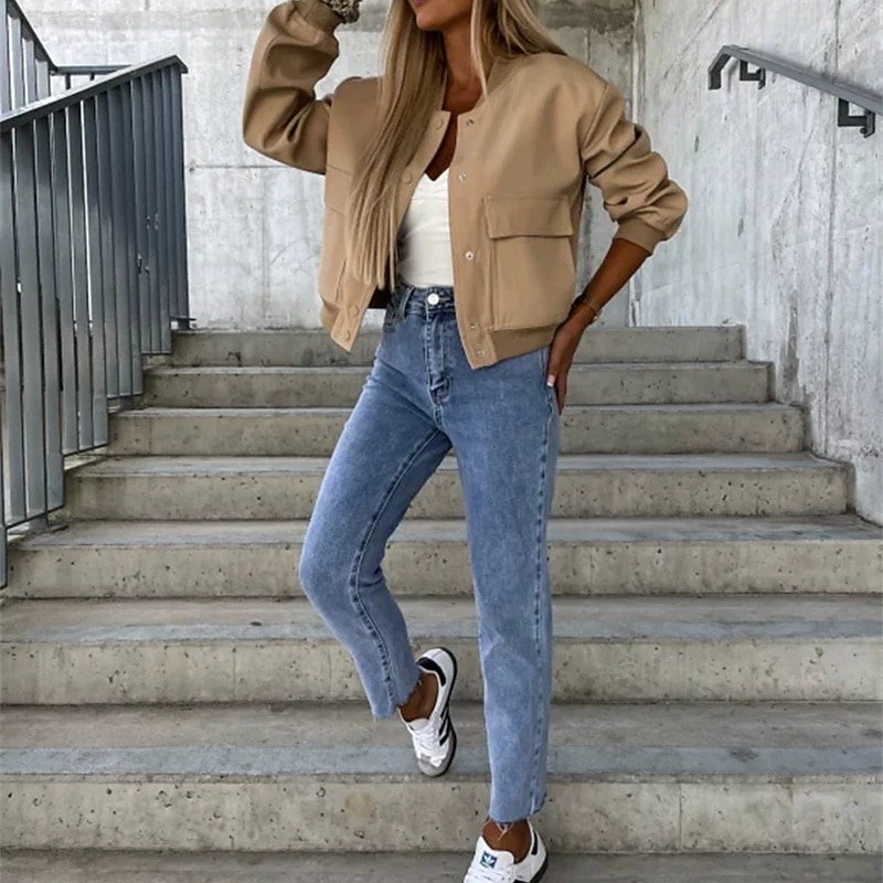 Women's Casual Jacket Warm Comfortable Zipper Pocket Fashion Outdoor Plain Going out Weekend Zipper Regular Stand Collar Regular Fit Long Sleeve Outerwear Black Green Khaki Fall Winter3