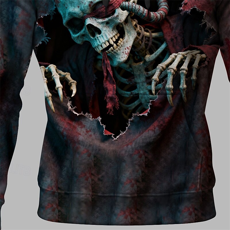 Halloween Men's Skull Hoodie Fashion Daily Hooded Vacation Party Streetwear Burgundy Drawstring Printing Fall Winter Designer3