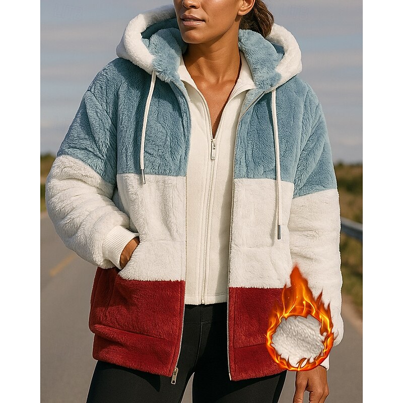 Women's Fleece Sweatshirt Jacket Winter Coat with Pockets Long Sleeve Top Athleisure Fall Color Block Windproof Warm Outdoor Travel Vacation Sportswear Activewear Black Red Blue - Main Image