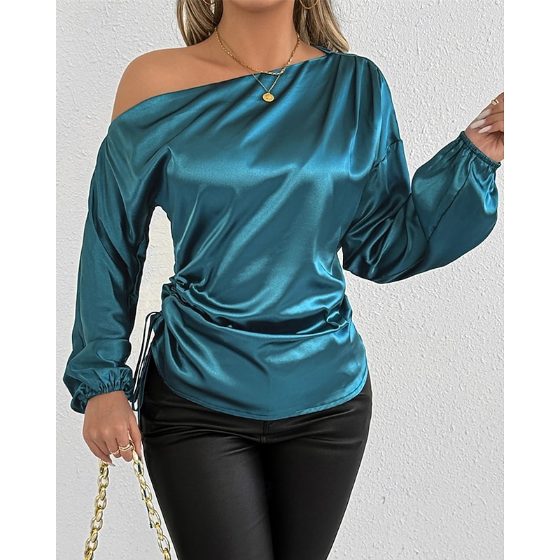 Women's Shirt Elegant Dressy Satin Solid Color Elegant Stylish Basic Long Sleeve Off Shoulder Cold Shoulder Regular Tops Daily Going out Asymmetric Blue Spring Fall4