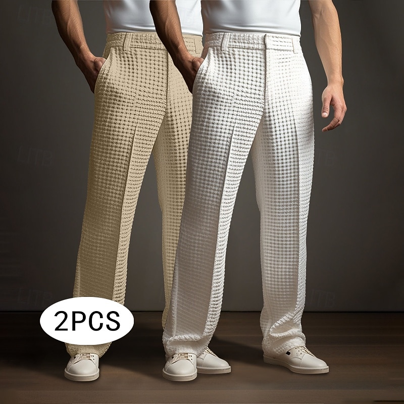 Men's Trousers Dress Pants Suit Pants Waffle Pants Knit Pants Front Pocket Straight Leg Plain Comfort Full Length Formal Wedding Business Fashion Chic & Modern White+khaki Khaki+Black Micro-elastic