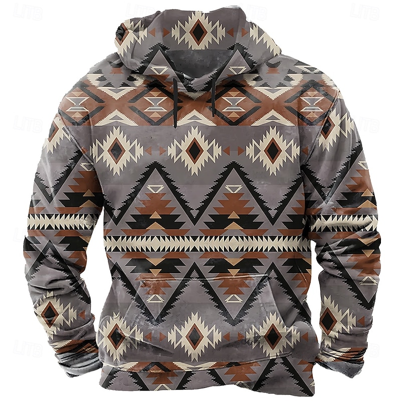 Men's Tribal Hoodie Sweatshirt Ethnic Cowboy Crew Neck Home Streetwear Blue Brown Drawstring Fall Winter Designer