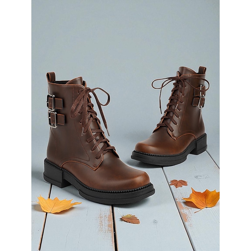 Women's Boots Work Boots Daily Booties Ankle Boots Buckle Low Heel Round Toe Classic Casual Industrial Style Microbial Leather Zipper Lace-up Light Brown Dark Brown Black