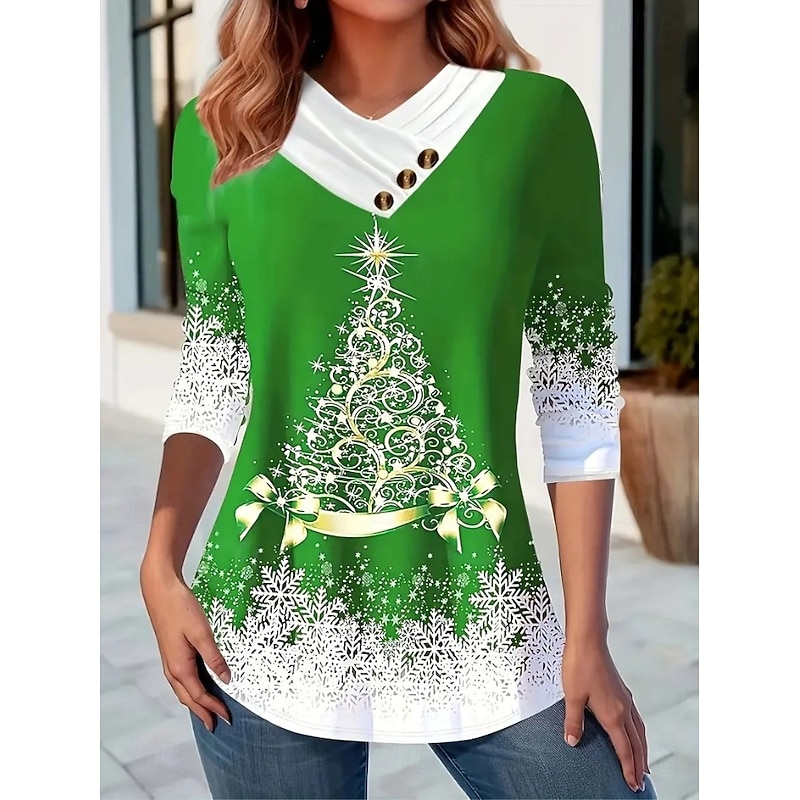 Christmas Women's T Shirt Graphic Santa Claus Snowflake Vintage Stylish Classic Long Sleeve Crew Neck V Neck Regular Tops Daily Buttons Print Asymmetrical Black Red Blue Green Spring Fall Winter3