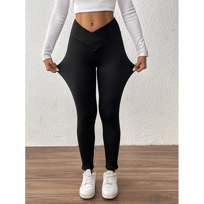 Women's Fleece Pants Chinos Leggings Vacation Vintage Fashion Full Length High Waist Solid Color Plain Comfy Soft Comfortable Stretchy Outdoor Street Black Summer Spring Fall Slim Fit Regular Fit2
