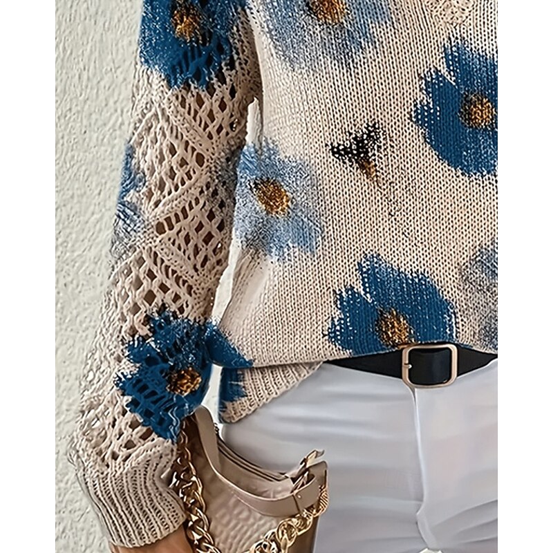 Women's Sweater Fashion Basic Casual Floral Ribbed V Neck Floral Knitted Long Sleeve Regular Tops Knit Outdoor Daily Weekend Blue Fall Winter3