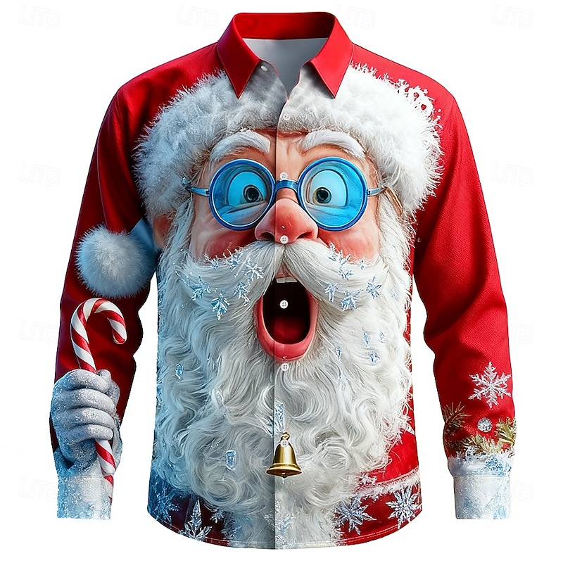Christmas Men's Santa Claus Snowflake Human face Shirt Button Up Shirt Long Sleeve Funny Outdoor Holiday Spring Fall Turndown 3D Print Collared Shirts Red 1 Red2