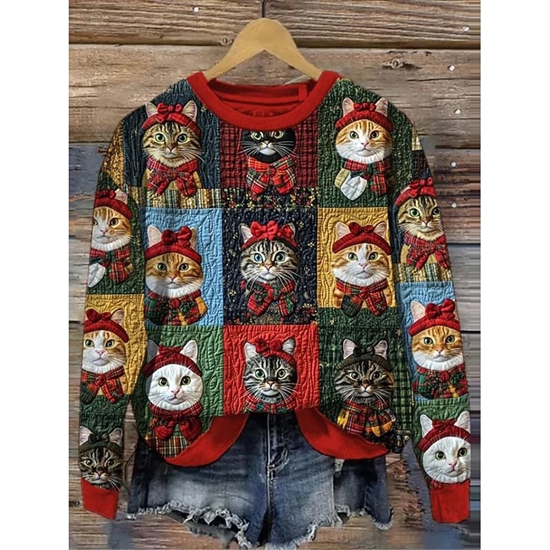 Women's Pullover Sweatshirt Cat Christmas Active Vintage Casual Long Sleeve Crew Neck Regular Tops Street Dailywear Casual Print Yellow Red Fall Winter