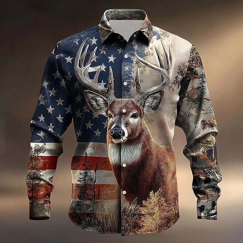 Men's Reindeer American US Flag Shirt Button Up Shirt Long Sleeve Vintage Retro Outdoor Camping & Hiking Hunting Spring Fall Turndown 3D Print Collared Shirts Blue Khaki