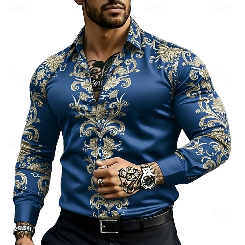 Men's Ethnic Intricate Floral Flowers Shirt Satin Shirt Dress Shirt Long Sleeve Vintage Retro Vacation Dailywear Summer Spring Fall Turndown 3D Print Button Up Shirts Blue Gold Green