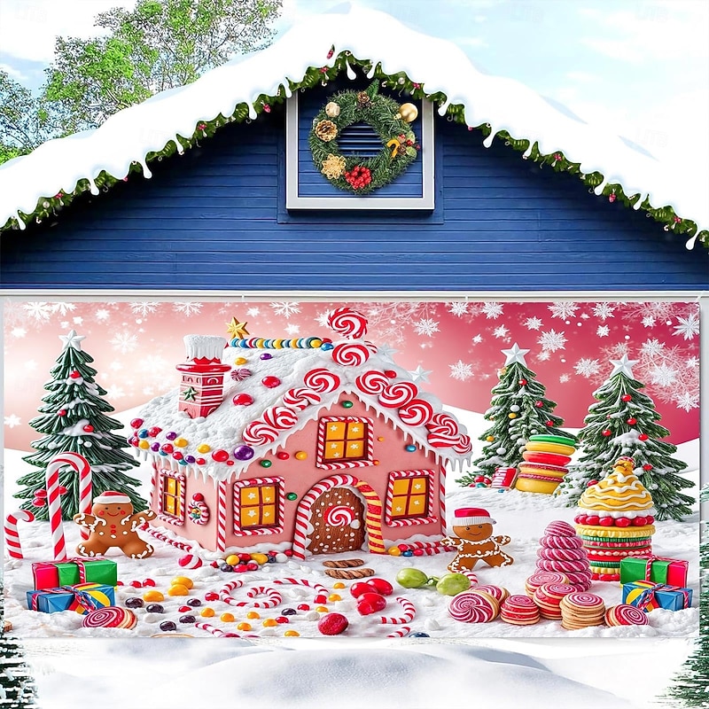 Christmas Outdoor Garage Door Cover Pink Candy House Gingerbread Man Christmas Tree Large Tapestry Backdrop Holiday Party Wall Decoration For Outdoor Garage Door Home Festival Celebration Decor4
