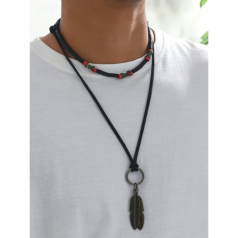 Men's Layered Feather Pendant Necklace, Adjustable Alloy Tribal Boho Choker Jewelry for Parties, Festivals and Casual Wear3