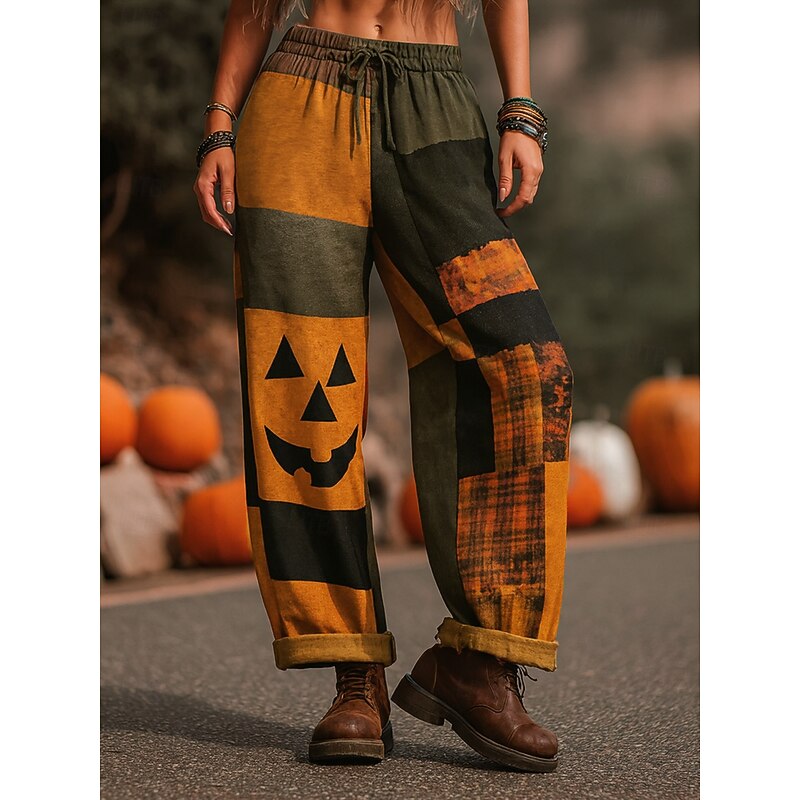 Women's Culottes Wide Leg Vacation Vintage Ethnic Style Full Length High WaistPantsHalloween Graphic Skull Monster Drawstring Patchwork Printing Quick Dry Breathability Soft Inelastic Formal Outdoor