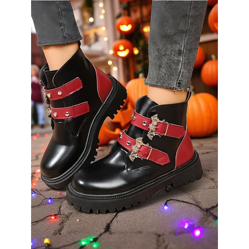 Women's Halloween Punk Combat Boots – Black and Red Faux Leather Ankle Boots with Bat Charms and Buckle Straps for Fall Festival, Costume Party and Spooky Season Streetwear3