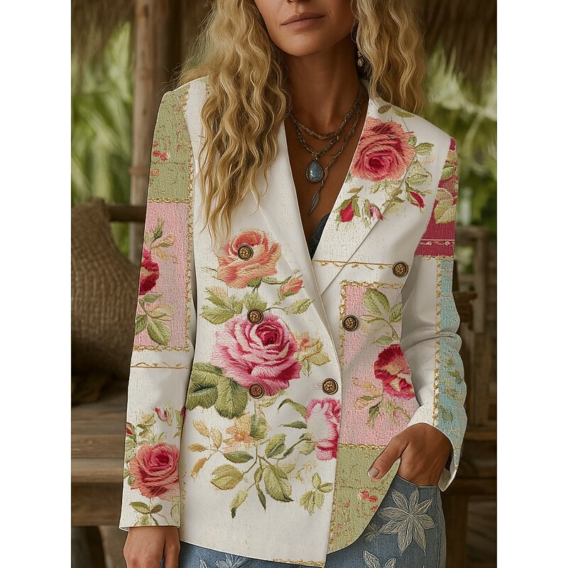 Women's Blazer Warm Comfortable Buttons Vintage Fashion Classic Modern Floral Vacation Home Casual Daily Double Breasted Regular Notch Lapel Regular Fit Long Sleeve Outerwear White Pink Green Fall