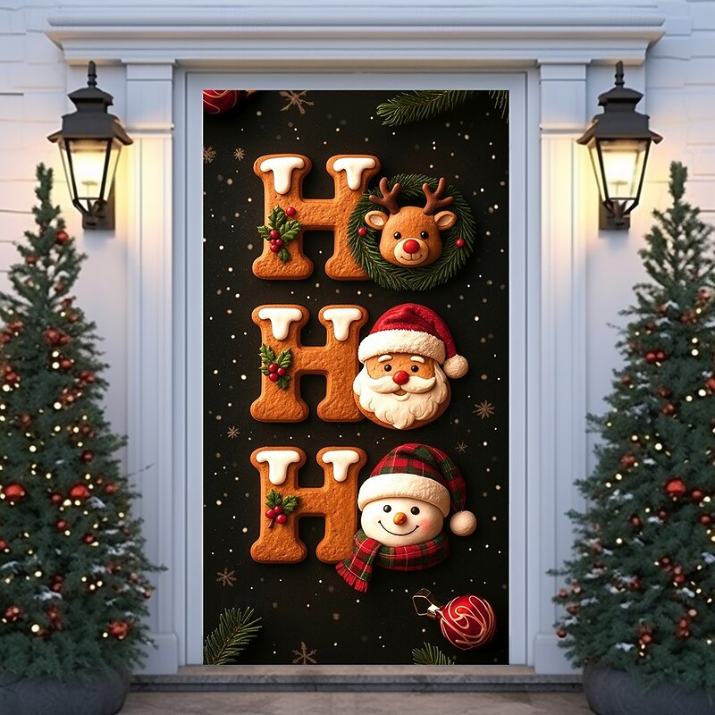 Christmas Door Cover, andy Cane, Gingerbread and Peppermint JOY Festive Backdrop Door Curtain for 2025 Xmas Party Indoor Outdoor Holiday Decorations3