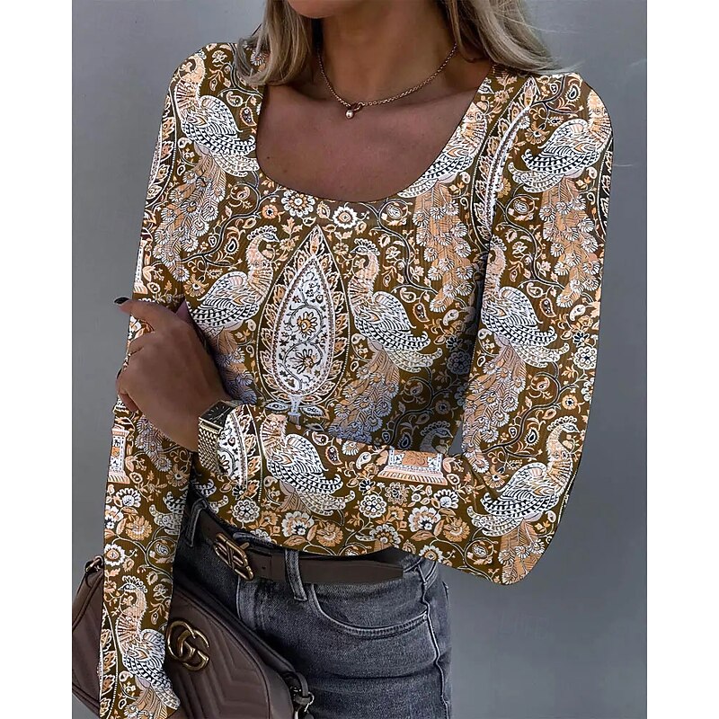 Women's Tunic Floral Graphic Bird Vintage Fashion Stylish Long Sleeve Square Neck Regular Tops Daily Print Blue Purple Orange Green Spring Fall3