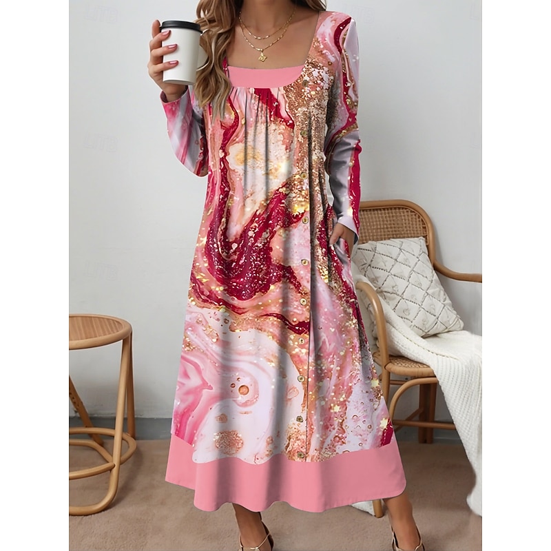Women's Midi Dress Shift Dress Casual Daily Loose Fit Graphic Geometric Abstract Long Sleeve Square Neck Pink Blue Purple Green Spring Fall Winter