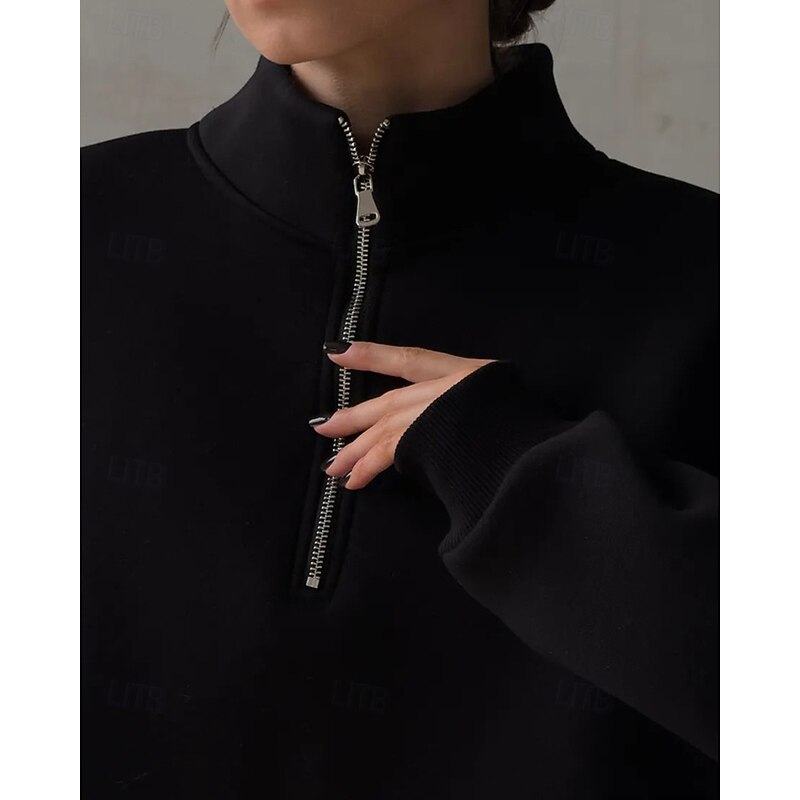 Women's Pullover Sweatshirts Zip Up Sweatshirts Plain Sports Fashion Casual Long Sleeve High Neck Regular Tops Street Dailywear Going out Half Zipper Quarter Zipper Zipper Black Fall Winter4