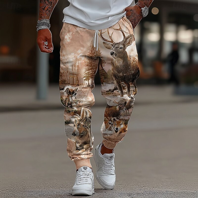 Men's Reindeer Plants Forest Sweatpants Joggers Trousers Mid Waist Drawstring Elastic Waist Casual Vintage Retro Outdoor Camping & Hiking Hunting Athletic Sweatpants with Pockets Spring Fall 3D Print