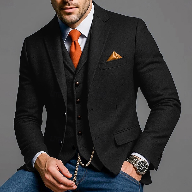 Men's Blazer Formal Business Wedding Party Elegant Fashion Winter Spring &  Fall Wool Polyester Plain Pocket Casual / Daily Single Breasted Blazer Black Burgundy Navy Blue Gray