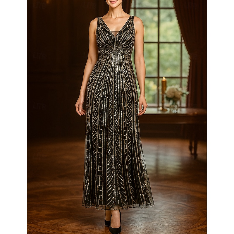 A-Line Mother of the Bride Dress Elegant Vintage Sparkle & Shine V Neck Ankle Length Tulle Sleeveless with Beading4