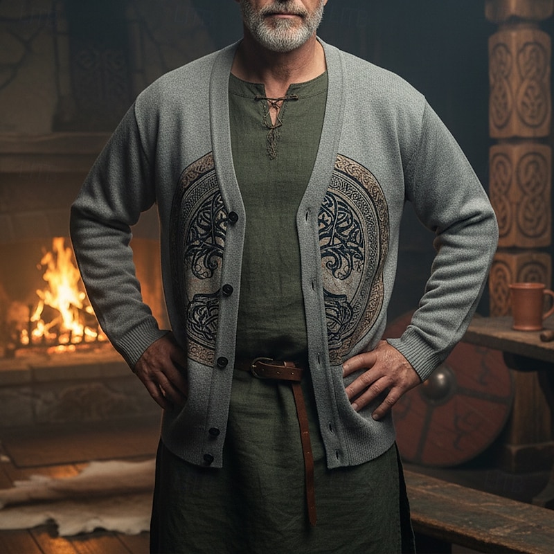 Christmas Men's Tree Of Life Sweater Cardigan Sweater V Neck Retro Vintage Casual Outdoor Home Party Buckle Long Sleeve Fall Winter Grey2