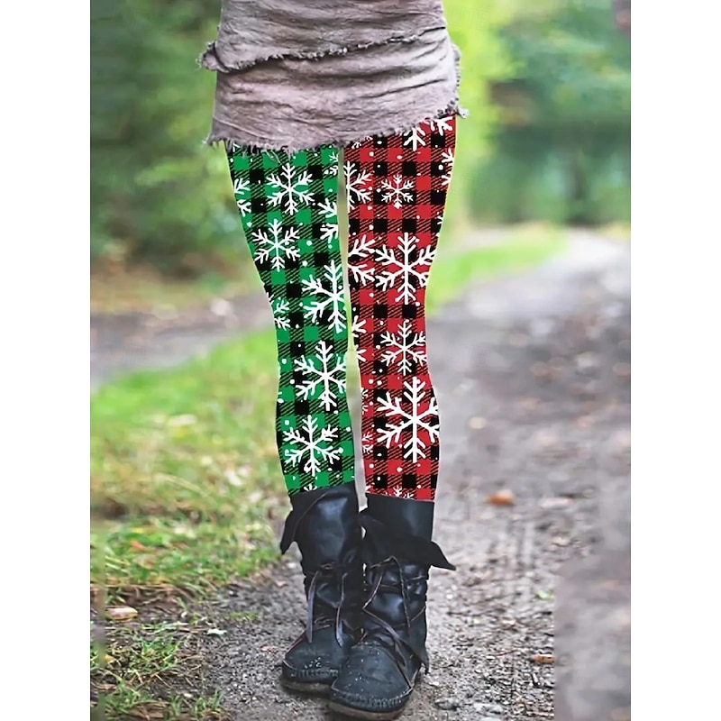 Women's Chinos Leggings Cozy Leggings Vacation Casual Full Length High WaistPantsUgly Christmas Plaid Snowflake Printing Thermal Warm Comfortable Stretchy Vacation Casual Daily Green Spring Fall