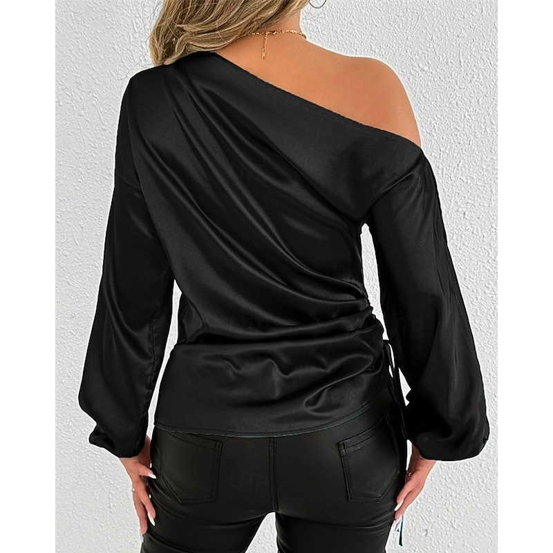 Women's Shirt Elegant Dressy Satin Plain Stylish Casual Long Sleeve Cold Shoulder Regular Tops Daily Going out Asymmetric Black Green Spring Fall2