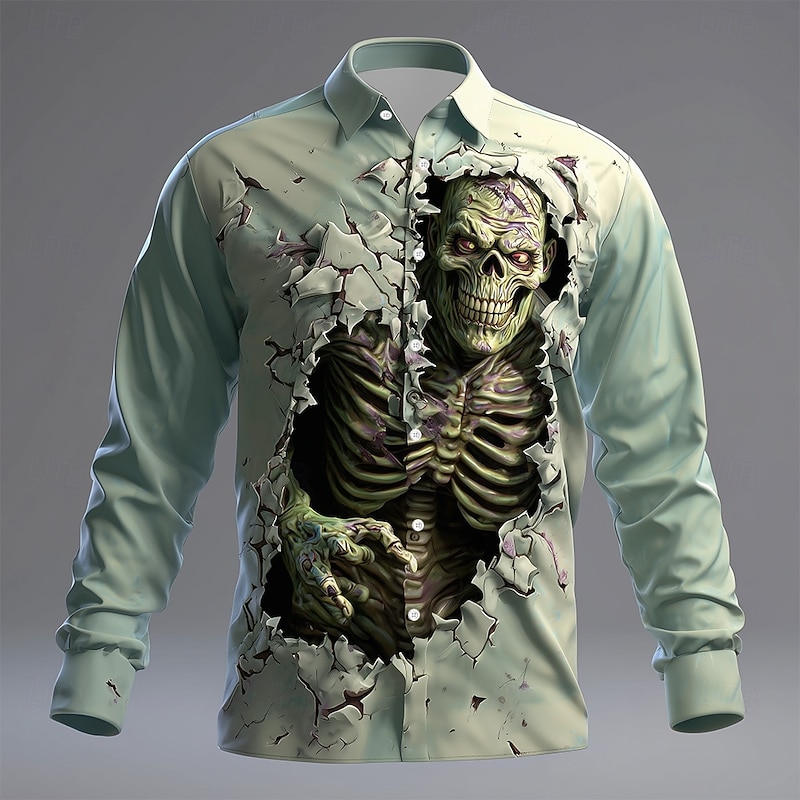 Halloween Men's Zombies Skeleton Cracked Wall Shirt Button Up Shirt Long Sleeve Dark Gothic Style Holiday Streetwear Spring Fall Turndown 3D Print Collared Shirts Green 1# Green Light Green3