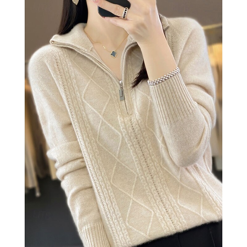 Women's Sweater Pullover Fashion Casual Pure Color Ribbed Half Zip Zipper Knitted Long Sleeve Regular Tops Knit Outdoor Daily Weekend Beige Fall Winter