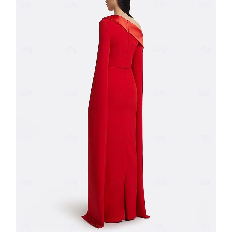 Red Black Sheath / Column Evening Gown Elegant Dress Formal Wedding Floor Length Long Sleeve One Shoulder Mother Of the Bride Dress Stretch Crepe with Pleats 20253