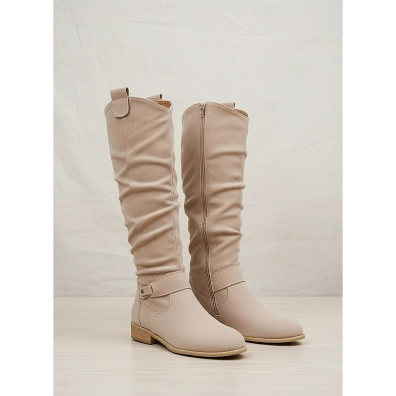 Women's Slouchy Suede Knee-High Boots with Buckle - Casual Flat Heel for Everyday & Fall Fashion3