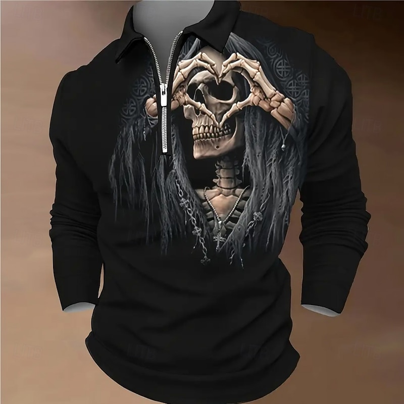 Halloween Men's Skull Polo Long Sleeve Turndown Leisure Athleisure Casual Daily Festival Zipper 3D Print Spring Fall Winter Black