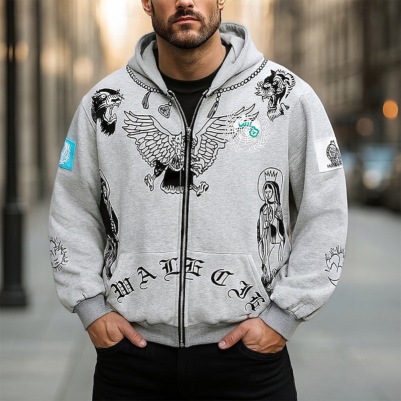 Men's Graphic Eagle Hoodie Fashion Daily Hooded Vacation Party Streetwear Black Gray Zip Up Pocket Printing Spring Fall Designer