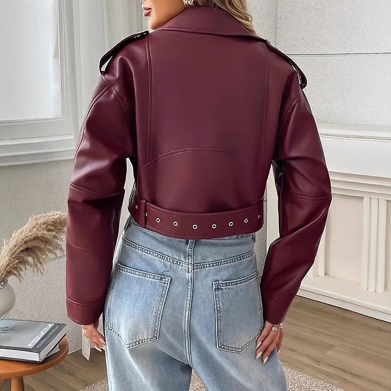 Women's Faux Leather Jacket Warm Comfortable Zipper Vintage Casual Solid Color Vacation Street Casual Daily Wear Short Turndown Regular Fit Long Sleeve Outerwear Black Wine Fall Winter4
